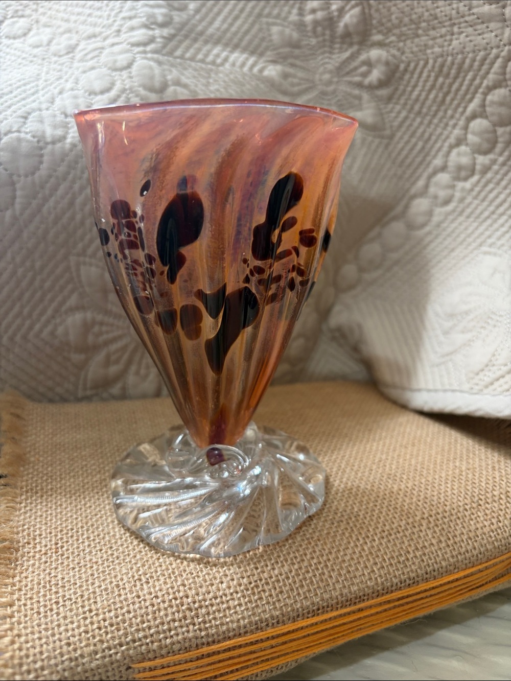 Art Glass Pink Iridescent Decorative Vase - signed hand blown